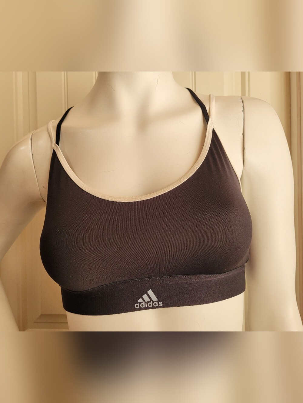 adidas Strapy Racerback Black Sports Bra with White Trim and Front Logo S